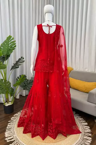 Red net thread with sequin sharara suit
