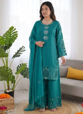 Teal crepe silk thread work salwar suit 1