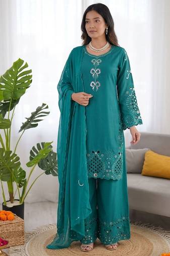 Teal crepe silk thread work salwar suit