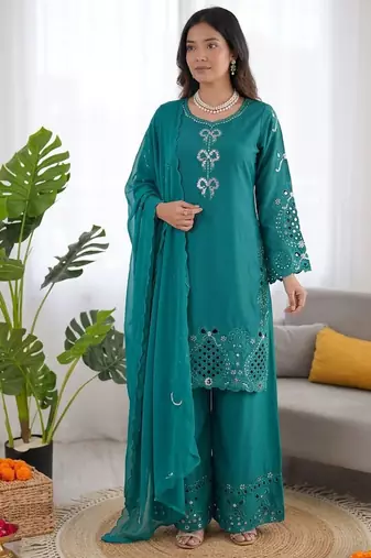 Teal crepe silk thread work salwar suit