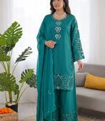 Teal crepe silk thread work salwar suit