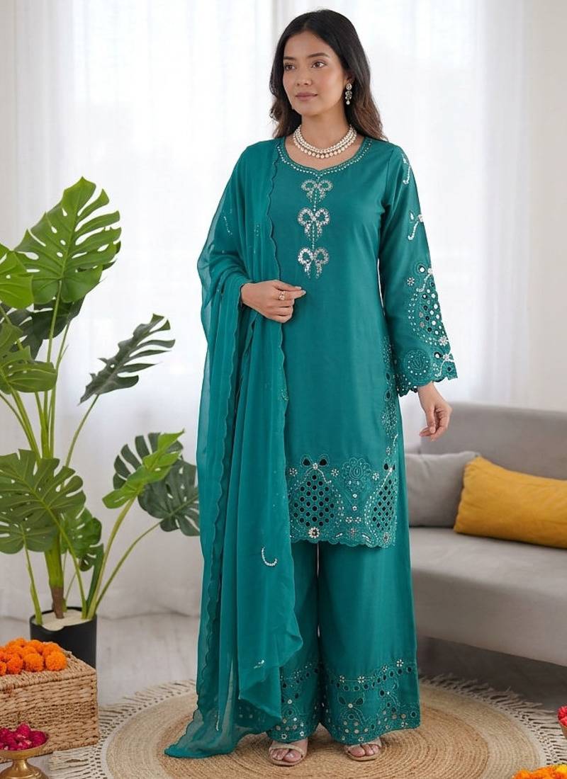 Teal crepe silk thread work salwar suit
