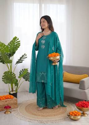 Teal crepe silk thread work salwar suit 2