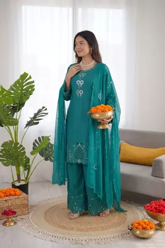 Teal crepe silk thread work salwar suit