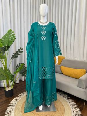 Teal crepe silk thread work salwar suit 3
