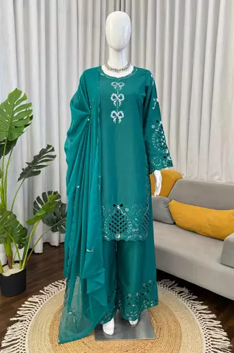 Teal crepe silk thread work salwar suit