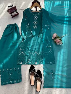 Teal crepe silk thread work salwar suit 4