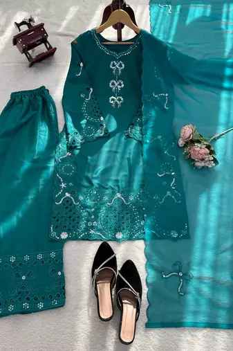 Teal crepe silk thread work salwar suit