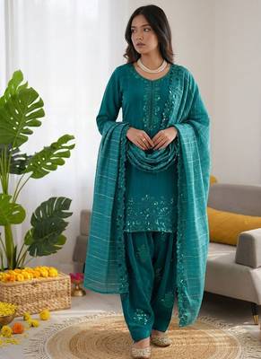 Teal  chanderi thread with sequin palazzo suit 1