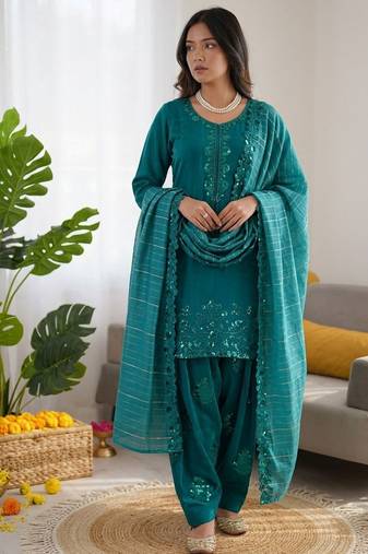 Teal  chanderi thread with sequin palazzo suit