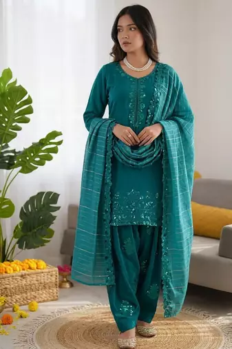 Teal  chanderi thread with sequin palazzo suit