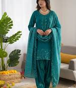 Teal  chanderi thread with sequin palazzo suit