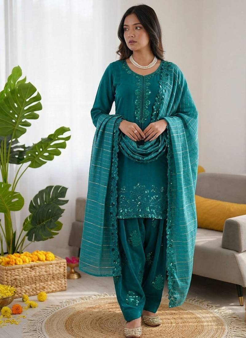 Teal  chanderi thread with sequin palazzo suit