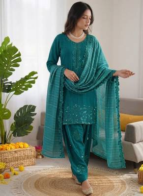Teal  chanderi thread with sequin palazzo suit 2
