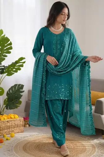 Teal  chanderi thread with sequin palazzo suit
