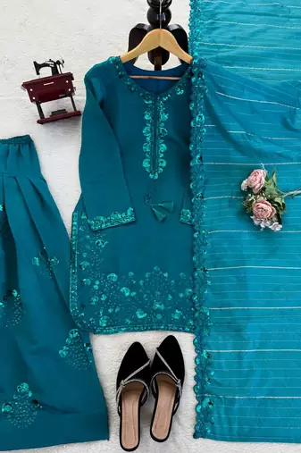 Teal  chanderi thread with sequin palazzo suit