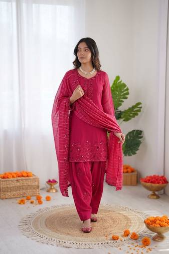Pink  chanderi thread with sequin palazzo suit