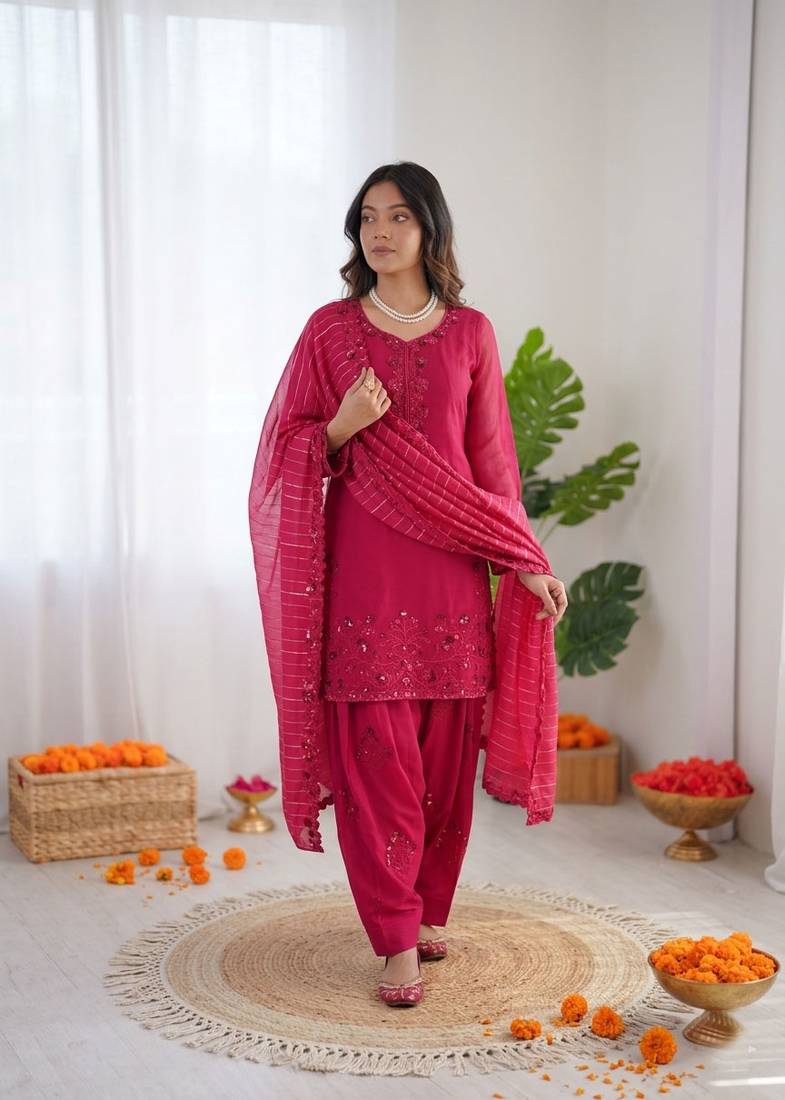Pink  chanderi thread with sequin palazzo suit