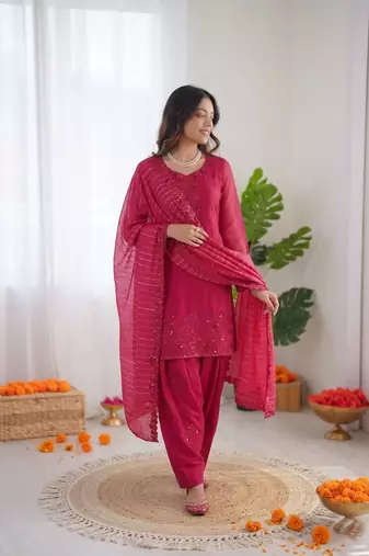 Pink  chanderi thread with sequin palazzo suit