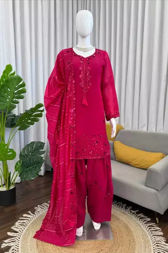 Pink  chanderi thread with sequin palazzo suit