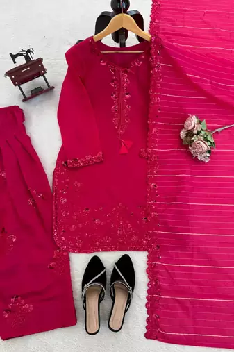 Pink  chanderi thread with sequin palazzo suit