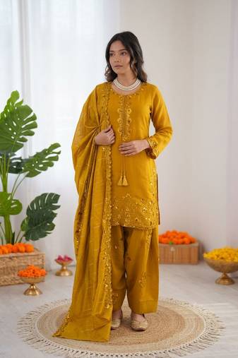 Yellow  chanderi thread with sequin palazzo suit