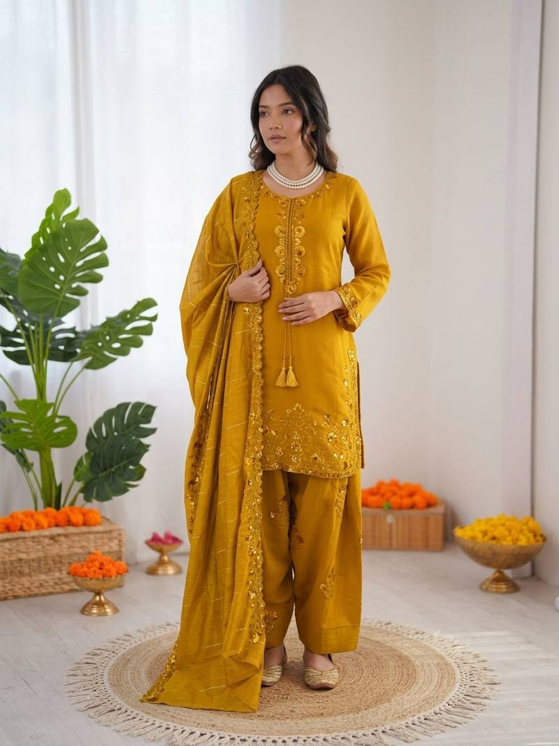 Yellow  chanderi thread with sequin palazzo suit