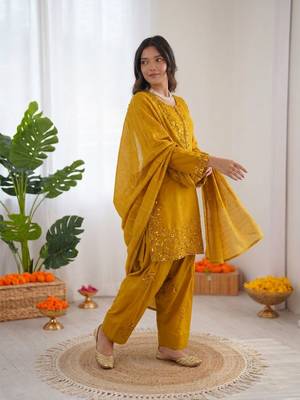 Yellow  chanderi thread with sequin palazzo suit 2