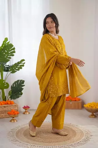 Yellow  chanderi thread with sequin palazzo suit