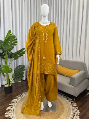 Yellow  chanderi thread with sequin palazzo suit 3