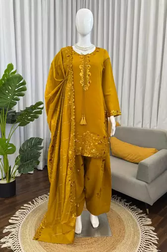 Yellow  chanderi thread with sequin palazzo suit