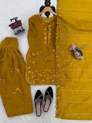 Yellow  chanderi thread with sequin palazzo suit 4
