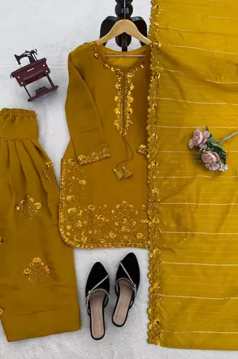 Yellow  chanderi thread with sequin palazzo suit