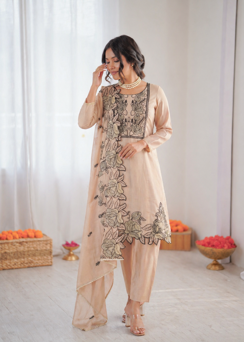 Light peach  chnaderi thread work salwar suit