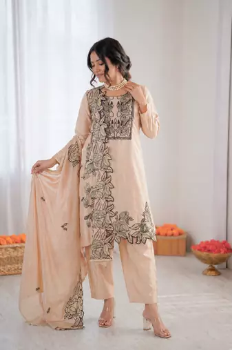 Light peach  chnaderi thread work salwar suit