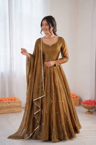 Olive green art silk thread work anarkali suit