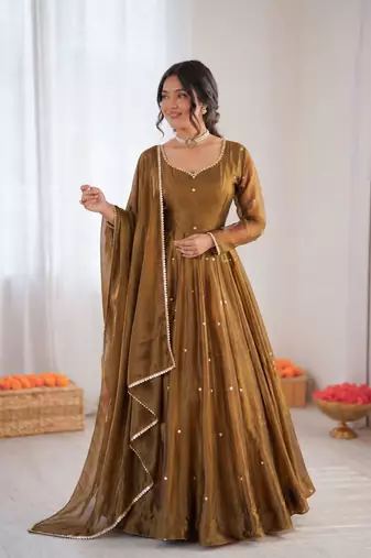 Olive green art silk thread work anarkali suit