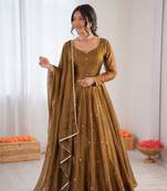Olive green art silk thread work anarkali suit