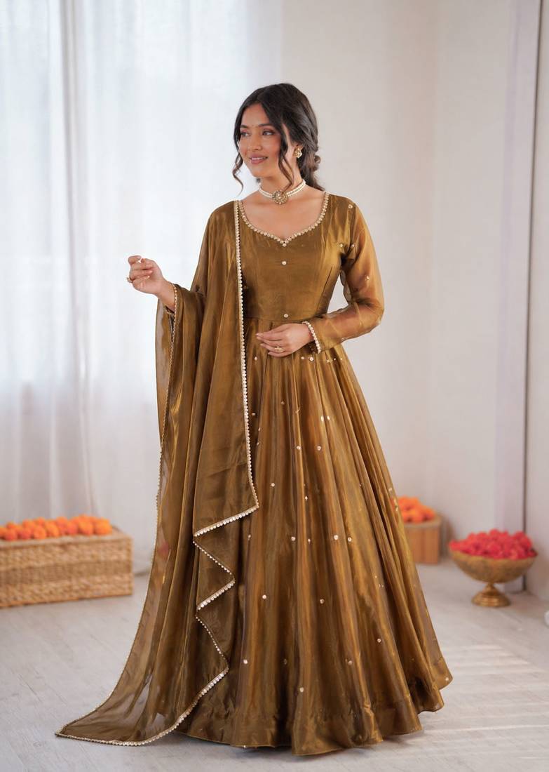 Olive green art silk thread work anarkali suit