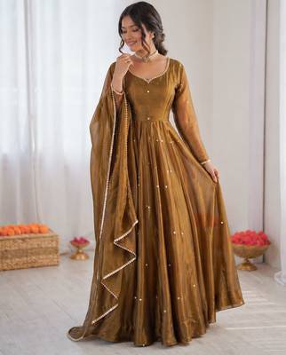 Olive green art silk thread work anarkali suit 2