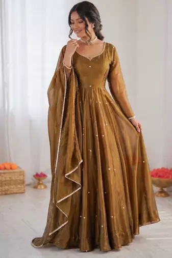 Olive green art silk thread work anarkali suit