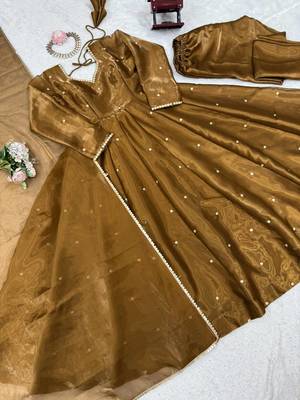 Olive green art silk thread work anarkali suit 4