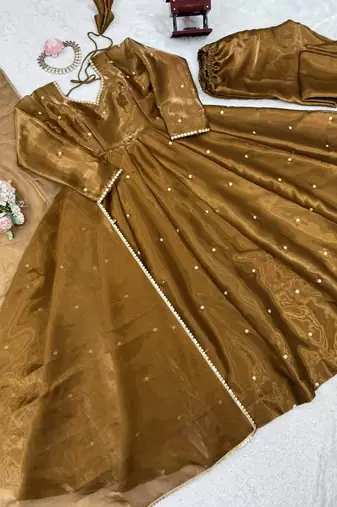 Olive green art silk thread work anarkali suit