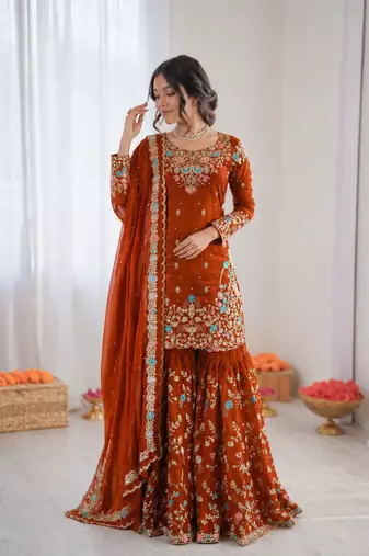 Orange art silk thread sequin with sharara suit