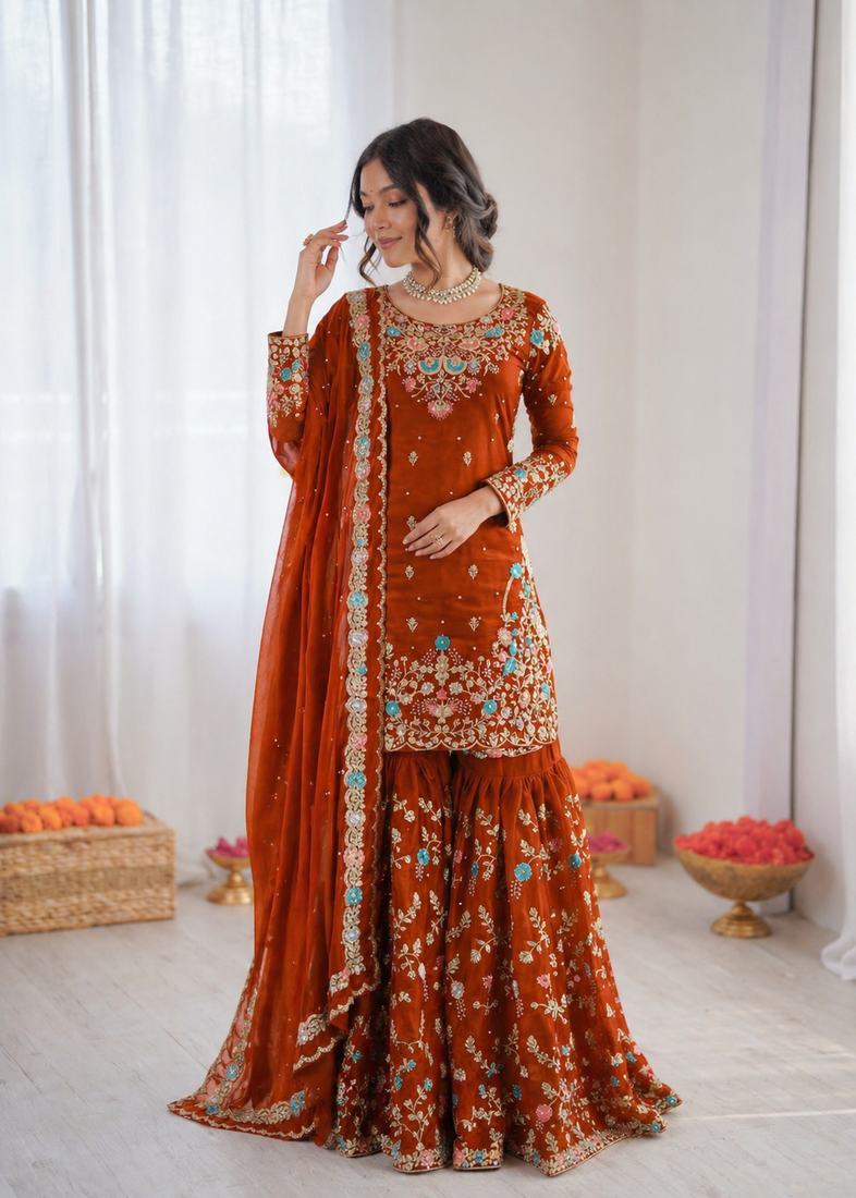 Orange art silk thread sequin with sharara suit