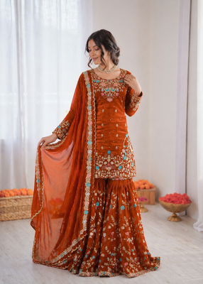 Orange art silk thread sequin with sharara suit 2