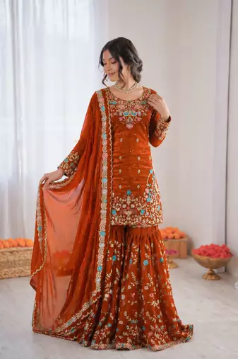 Orange art silk thread sequin with sharara suit
