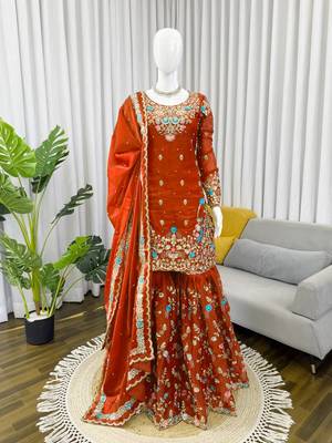 Orange art silk thread sequin with sharara suit 3