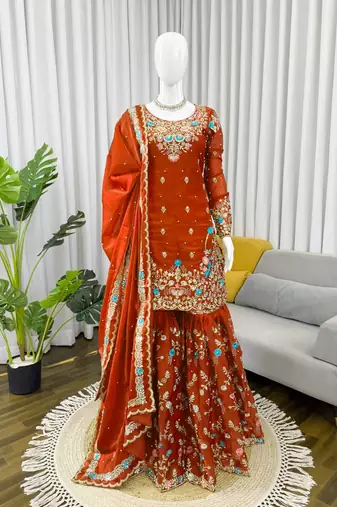 Orange art silk thread sequin with sharara suit