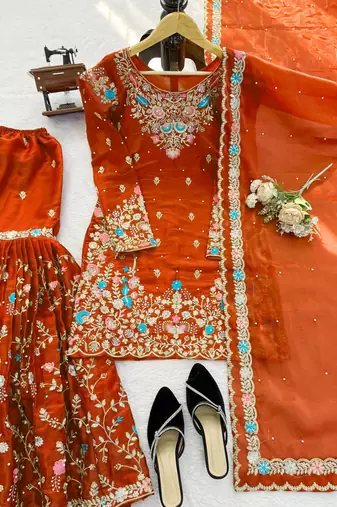 Orange art silk thread sequin with sharara suit